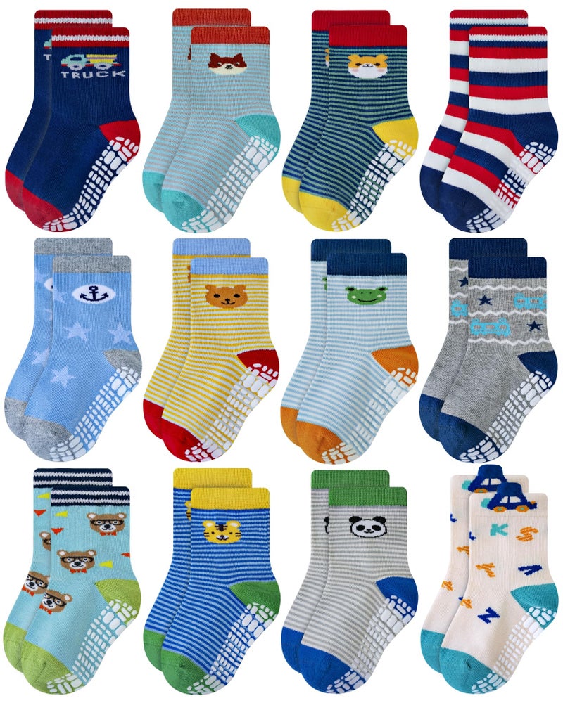 RATIVE Non Skid Anti Slip Cotton Crew Toddler Toddlers Socks for Kids Boy Boys 3 4 3T 4T 5T 2T-3T 3T-4T 4T-5T Year Years Old With Grip Grippers (3-5T,12-pairs/RB-71317) - Image 1